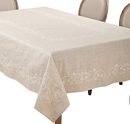 SARO LIFESTYLE Embroidered Swirl Design Linen Blend Tablecloth, 67