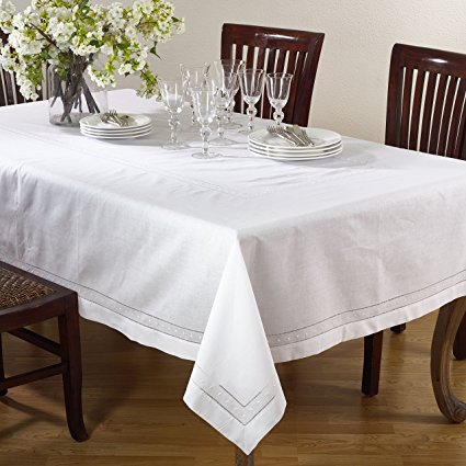 SARO LIFESTYLE Swiss Dot Collection Hemstitched Border Embroidered Design Linen Cotton Table Décor